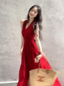 Dear Bird | Beach Vacation Red Hanging Neck Strap Dress Womens Summer New High-End Waist-Cinching Beach Long Skirt Sweet Style A-Line