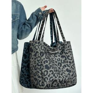 Large Capacity Commuter Tote Bag Letter Embroidery Leopard Print Single Shoulder Lazy Style Handbag Soft Canvas Casual Backpack