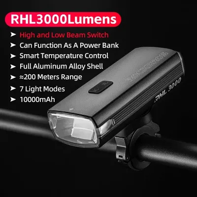 ROCKBROS 3000LM Bike Light 10000mAh Power Bank Type-C Charging Front Lamp Bicycle Headlight MTB Road Cycling Flash Highlight