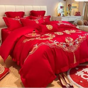 Wedding Bedding Set Red Embroidered Dragon and Phoenix