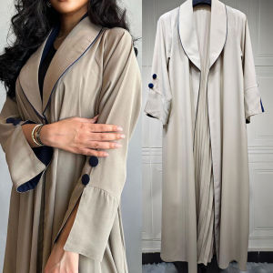 2024 New Muslim Ramadan Eid Black Beige Open Kimono Abaya Contrast Color Shalwar Kameez Casual Loose Moroccan Gulf Women Robe
