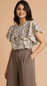 Women Vintage Daily Round Neck Pleated Ruffles Short-Sleeved Printed Blouses L2328