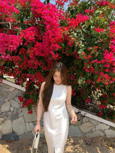 Elegant Summer White Knee-Length Dress with Slit round Neckline Womens Long Dress Classy Sensation A-Line Skirt High Waist