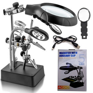 Desktop LED Lighted Magnifying Glass Soldering Station 2.5X 7.5X 10X Magnifying GlassMagnifier Station with  Alligator Clips