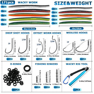 9KM DWLIFE | 9KM Wacky Worm Kit for Bass Rig Lures Fishing Lure 4in 5in with Weedless Hook Lead Sinker 143/171pcs Wacky Rig Tools O-Rings