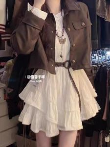 White V-Neck Long Sleeve Midi Dress with Belt Jacket Womens Fashion Outfits Early Autumn White Color Block Two-Piece Set