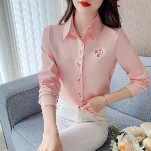 Spring 2025 Pure Cotton Long Sleeve Shirt Fashionable Single Button Floral Embroidery High End Feeling Womens Business Casual Top