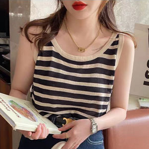 Large Size Striped Vest Top Womens Summer Knitted Ice Silk Sleeveless Casual Underwear Base Shirt Loose Fit Open Back