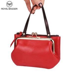 Royal Bagger Coin Purse for Women Genuine Cow Leather Handbag Vintage Kiss Lock Clutch Wallet Large Capacity Storage Bag 1478