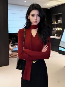 Elegant Red V-Neck Long Sleeve T-Shirt Womens Slim Fit Base Shirt Fashionable Necktie Knitted Top Commute Style Retro