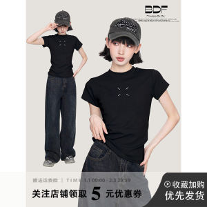 Black Slim Fit Short Sleeve T-Shirt Women Summer New Style American Hot Girl Half Sleeve Top round Neck Short Length Commute Style