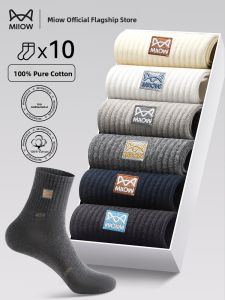 miiow | 100% Pure Cotton Mens Socks Breathable Sweat Absorbent Antibacterial Spring Summer Sports Mid-Calf Cat Man Socks