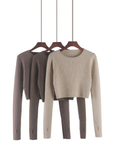 Womens Knitted Sweater High Waist Ultra-Short Long Sleeve Base Layer Inner Wear Top Slim Fit Belly Baring Commute Style