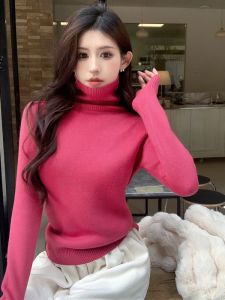 GUZILIAN | High-End Pink Long Sleeve Knitted Sweater Womens Autumn Winter High Collar Thickened Integrated Velvet Warm Base Shirt