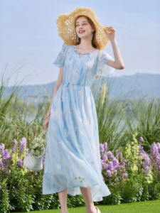 XIANGYING | Blue Dyed Short Sleeve New Summer Dress French Style Florals Embroidered Chiffon