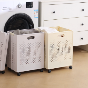 ตะกร้าพลาสติกพับได้มีล้อ พับพลาสติกซักผ้าสกปรก ตะกร้าเสื้อผ้าสกปรกสำหรับใช้ในบ้าน ตะกร้าซักผ้าความจุสูง