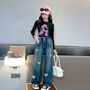 Jeans for Kids Girls High Quality Baggy Jeans Heart Embroidery Design Denim Loose Pants New Korean Fashion Straight Leg Pants All-match Jeans 7-16yrs