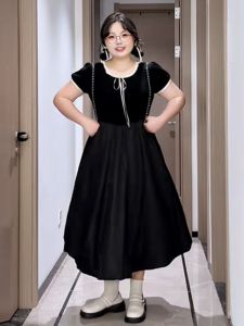 ชุดเดรสทรงเอเอวสูงสไตล์ฝรั่งเศสสำหรับผู้หญิงไซส์ใหญ่ในฤดูร้อน กระโปรงสีดำทรงเอเข้ารูปสไตล์เจ้าหญิง แขนยาว ชุดแต่งงาน