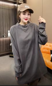 European Style Long Sleeve Pure Cotton T-Shirt Womens Loose round Neck Mid-Length Open Split Top for Autumn Street Style