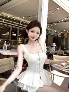 White Knitted Strap Vest Womens Summer Slim Fit Waist Cinching Sleeveless Double Zipper Short Style Breathable Casual Top
