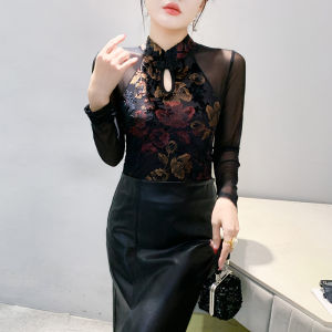 REHIN Vintage Hollow-Out Lace Mesh Long Sleeve T-Shirt Retro Floral Print Slim Fit Autumn Womens Top