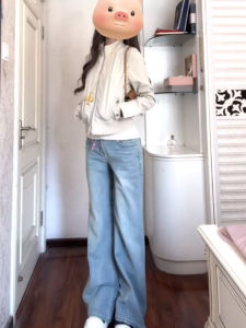 Retro American Light Blue Wide Leg Jeans Womens Loose Drapey Straight Floor-Length Pants Casual High Waist Cotton Stretch Denim