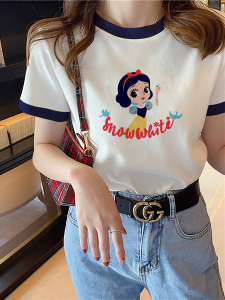 Retro American Color Block round Neck Short Sleeve T-Shirt Women Summer New Style Pure Cotton Printed Casual Loose Fit Top