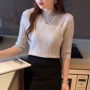 FRAN New Half High Necked Knitted Top for Women Casual Short Sleeved Plain Top