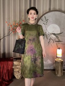 Summer New Heavyweight Silk Cheongsam Dress Mom Style Womens Fashion Printed Reformed Version Short Sleeve Stand Collar