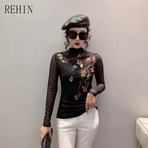 REHIN Áo Nữ Áo Thun Dài Tay Thời Trang Mới Thu Đông Áo Cánh Xu Hướng In Định Vị Lưới Cổ Cao