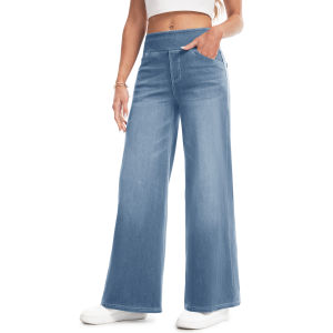 YUCOLEN Womens High Waist Wide Leg Knit Denim Pants Elastic Waistband Stretch Soft Jean Trousers Four Pockets Casual Daily Pants