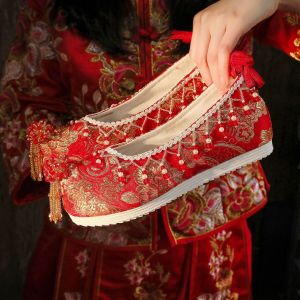 Elevated Pearl Tassel Embroidered Shoes Womens New Style Xiuhelou Shoes Hanfu Traditional Chinese Wedding Shoes Cotton Lined