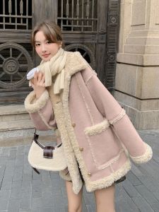 Pink Fur And Leather Jacket Short Loose Womens Style Korean System Autumn Winter New Arrival Commute Thickened Flip Collar Coat