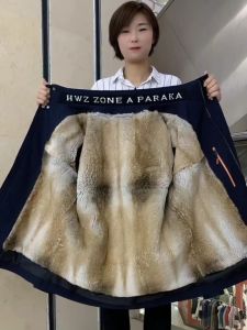 Mens Fur Parka Coat 2024 Winter Outdoor Long Sleeve Zipper Closure Real Fur Skin Integrated Detachable Inner Vest Rabbit Fur