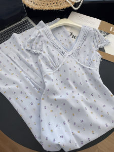 Váy dài PAIBOLI chữ A cạp cao tay bồng cổ chữ V có họa tiết hoa