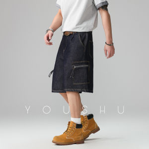 Zip Pockets Mens Denim Shorts Summer Straight Fit Loose Five-Pocket