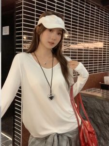 Áo Thun Cotton Dài Tay Cổ Chữ V Rộng Rãi Cho Bà Bầu Mùa Thu Năm 2025 Mới Màu Trắng Tay Dài Vai Thường Mặc Trong