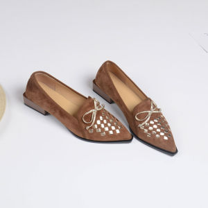 French Style Bow Detail Pointed Toe Medium Heel Suede Loafer