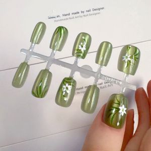 Handmade Nail Art Stickers Green Cat Orchid Design False Nails Wearable Nail Tips Beauty Salon Supplies Chinese Brand