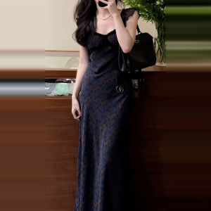 ZHENMANZI | Vintage French Style Blue Floral Lace Trim Fly Sleeve Waist Cinching Long Dress