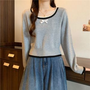 เสื้อสเวตเตอร์ถักคอโปโลสไตล์ฝรั่งเศสสำหรับผู้หญิง ฤดูใบไม้ร่วง 2025 แขนยาว คอเหลี่ยม ผูกโบว์ ทรงเข้ารูป เสื้อชั้นใน