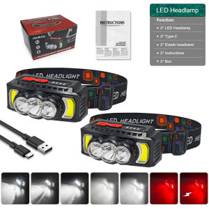 200000LM Headlamp Super Powerful Flashlights EDC LED Flashlight Portable Lights USB Rechargeable Lamp for Outdoor Camping Hiking