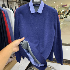 Mens Fleece Lined Thick Knit Shirt Collar Base Layer Top Youth Warm Business Casual Fashion City Winter Long Sleeve Crew Neck
