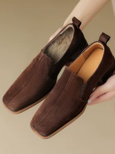 รองเท้าส้นสูงปากลึก ผู้หญิง ฤดูใบไม้ร่วง ฤดูหนาว ผ้าขนแกะ รองเท้าถั่วเรียงราย สไตล์ฝรั่งเศส สำหรับงานกลางคืน รองเท้าลมเดี่ยว