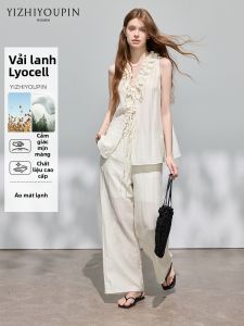 100% Linen Ruffle Tie Sleeveless Summer Slimming Outfit Set