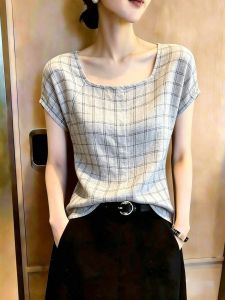 KUNAILIN | Checkered Short Sleeve Womens Blouse Slim Fit Business Casual