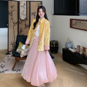 New Chinese Style Velvet Jacket And Half Skirt Set Womens Spring Fashion Two-Piece Suit Yellow Button Design Small Size Pink