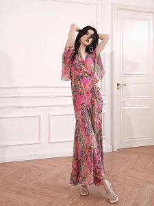 Vintage Pink Floral Luxury Flared Dress High Waist Slimming