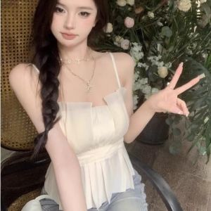 GUZILIAN | Sweet Stylish Ogeeshe Strap Vest Womens Outerwear Summer Pure Desire Lotus Leaf Edge Waist Cinching Tube Top Small Shirt