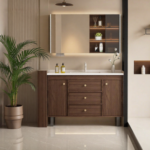 SSWW | Tủ Lavabo Nhà Tắm Phong Cách Cổ Điển với Bồn Rửa Sứ và Tầng Gỗ Nguyên Khối